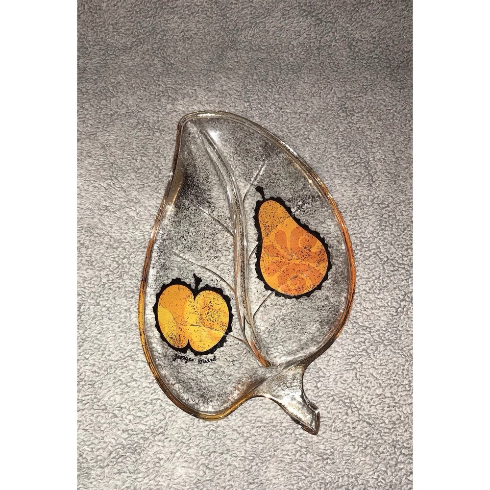Vintage Georges Briard Leaf‎ Gold Flecks Hand Painted Fruit Glass Dish 9" MCM